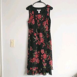 Studio I Petite Midi Dress 14P Black Red Floral Sleeveless Shift Dark Rimantic